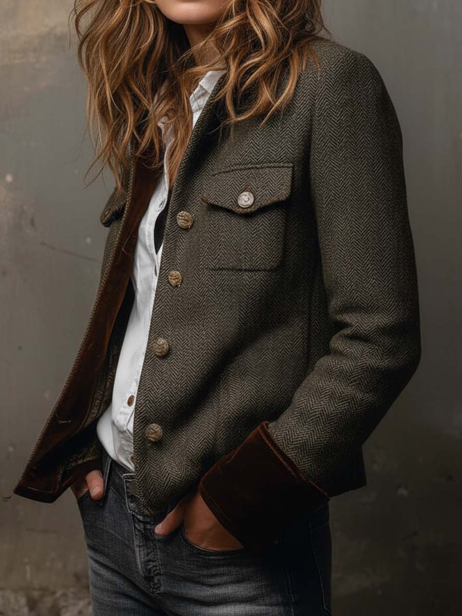 Honorine | Blazer vintage a spina di pesce con bordi a contrasto