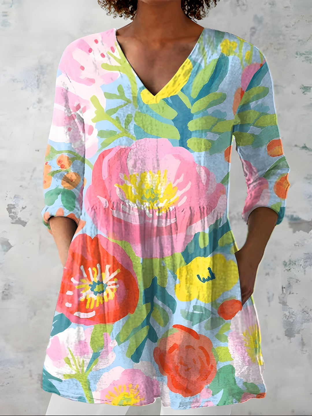 Corallina | Blusa Lunga a Grandi Fiori Rosa e Corallo