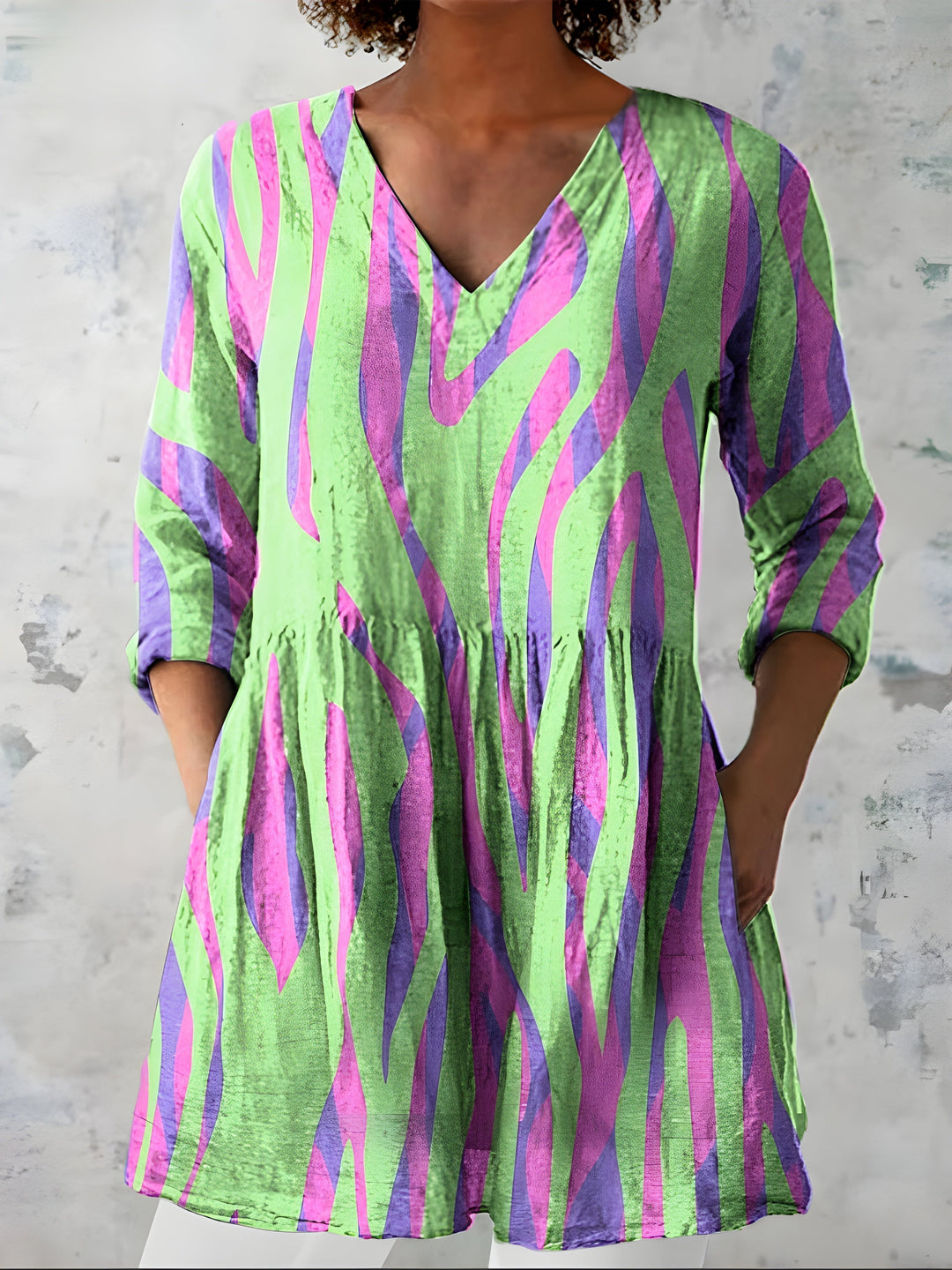 Liana | Blusa Lunga con Stampa Astratta Verde e Lilla