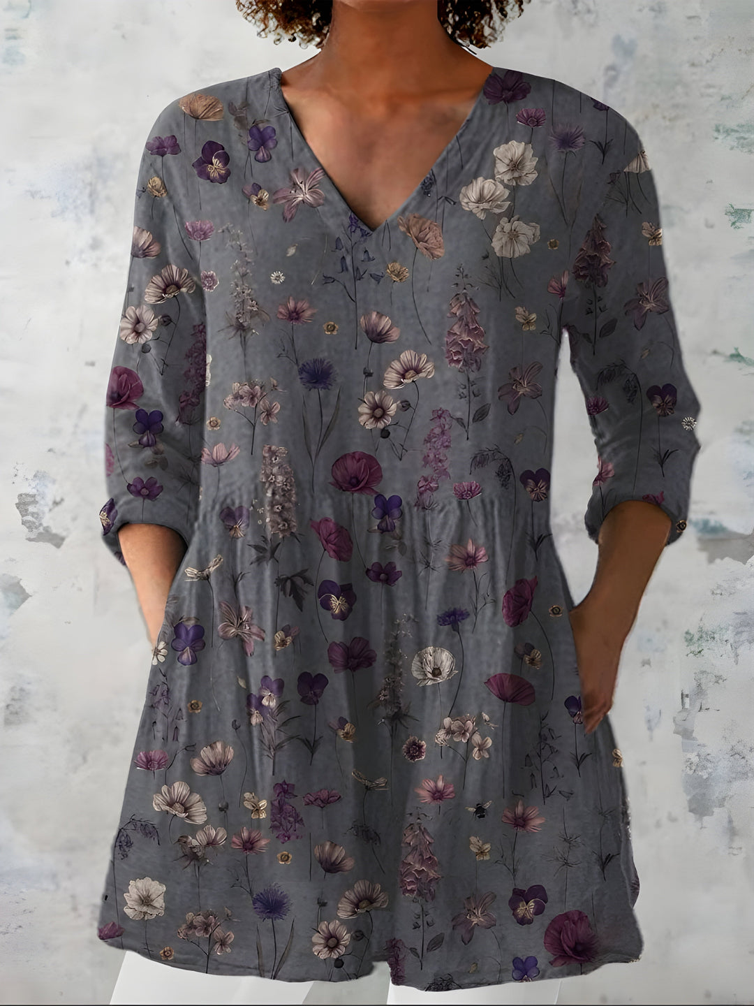 Ombretta | Blusa Lunga Grigia a Fiorellini Scuri