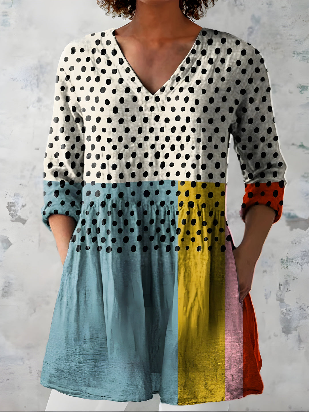 Dorotea | Blusa Lunga a Pois con Blocchi di Colore