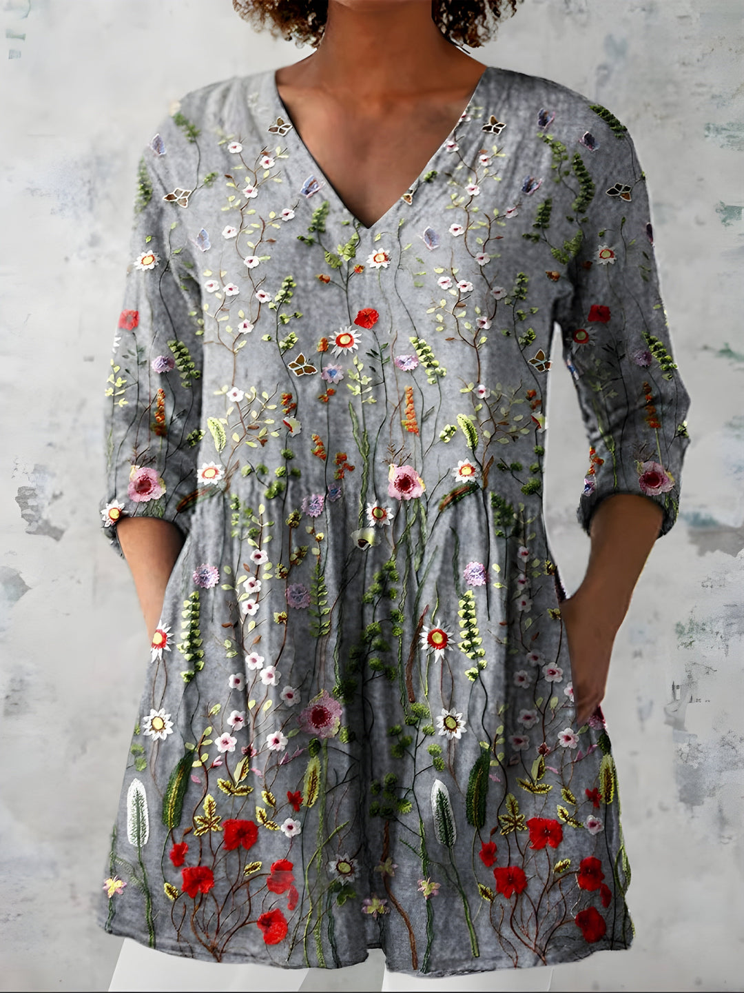 Margherita | Blusa Lunga Grigia a Fiori di Campo