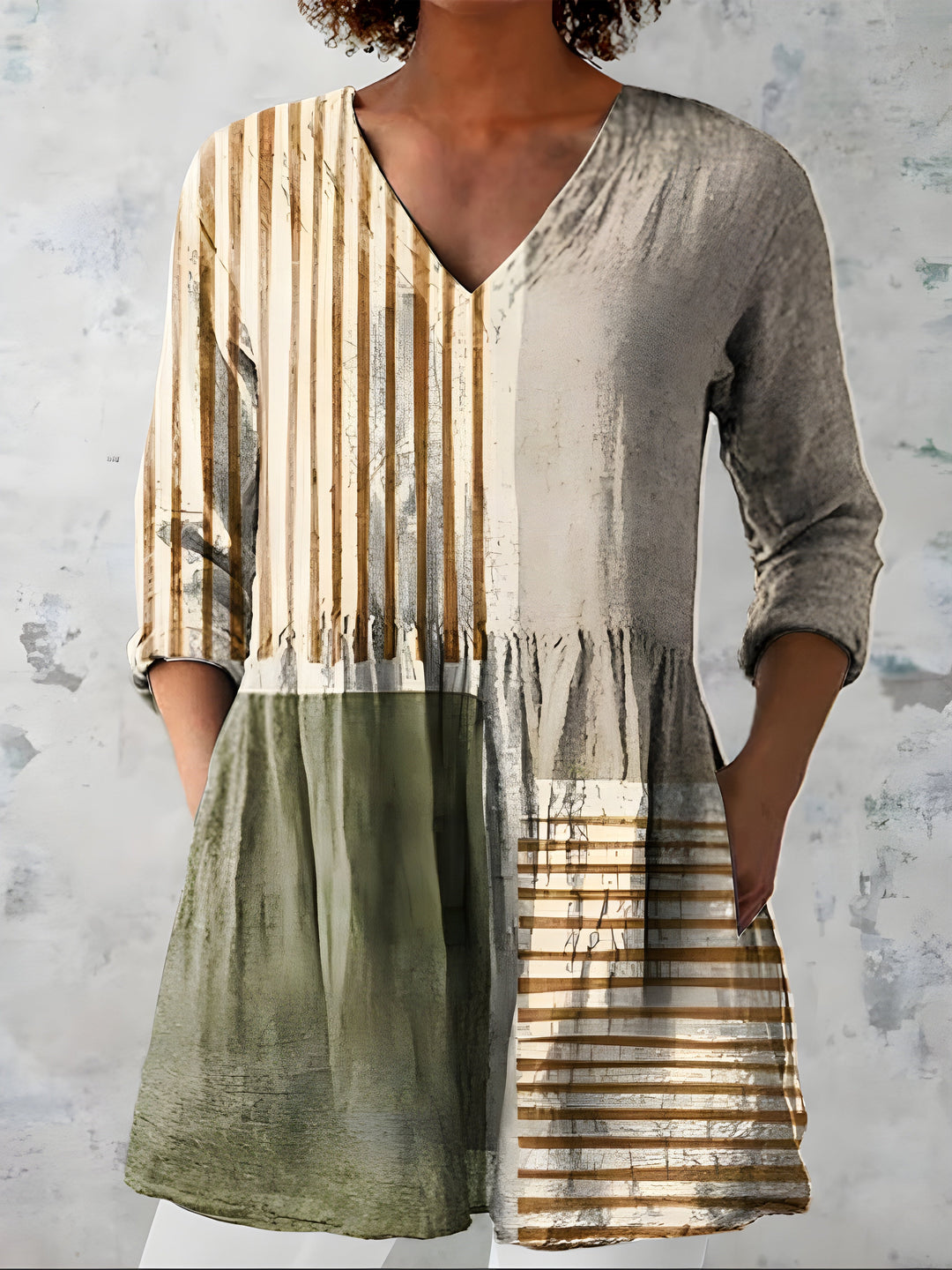 Tessa | Blusa Lunga Patchwork a Righe Beige e Verde Salvia