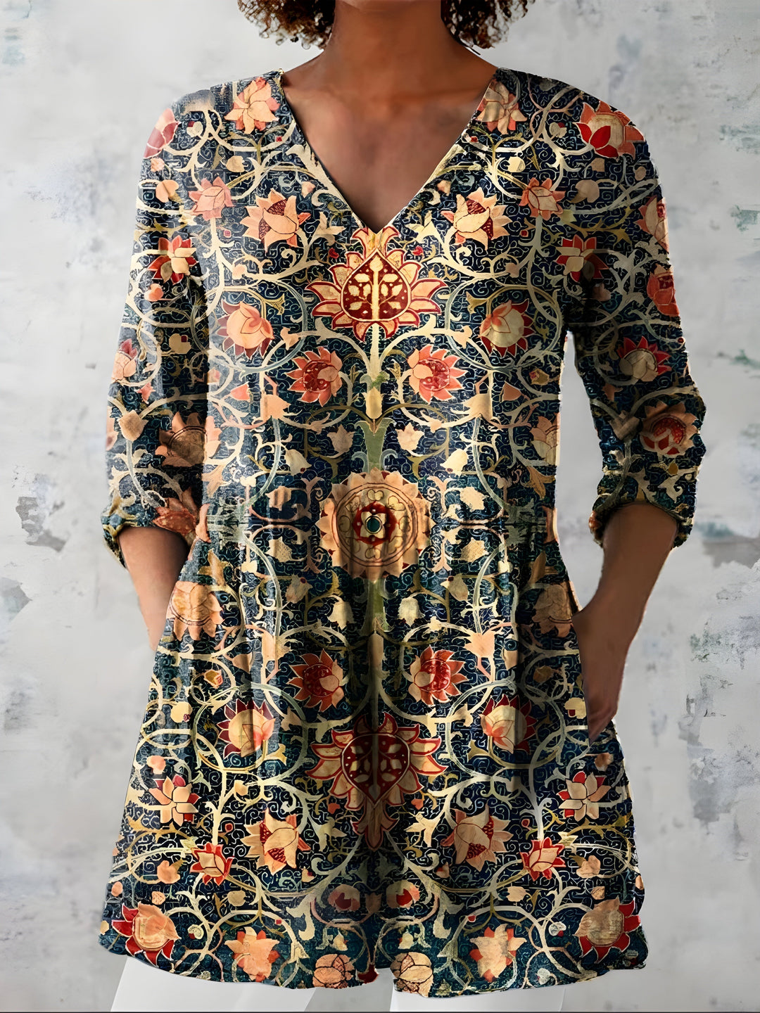 Morena | Blusa Lunga Scura a Fiori Arancio Vintage