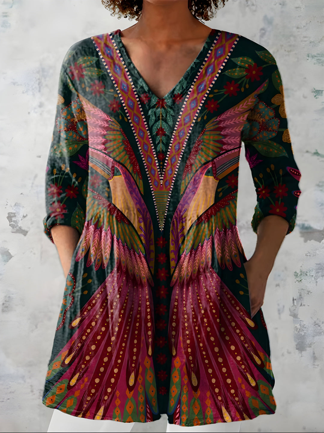 Fenicia | Blusa Lunga con Stampa a Piume Bordeaux e Verde