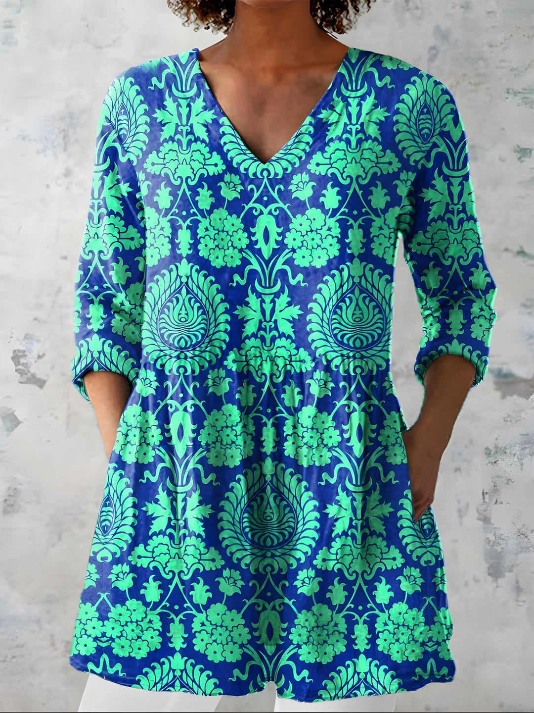 Arabella | Blusa Lunga Damascata Blu e Verde Smeraldo