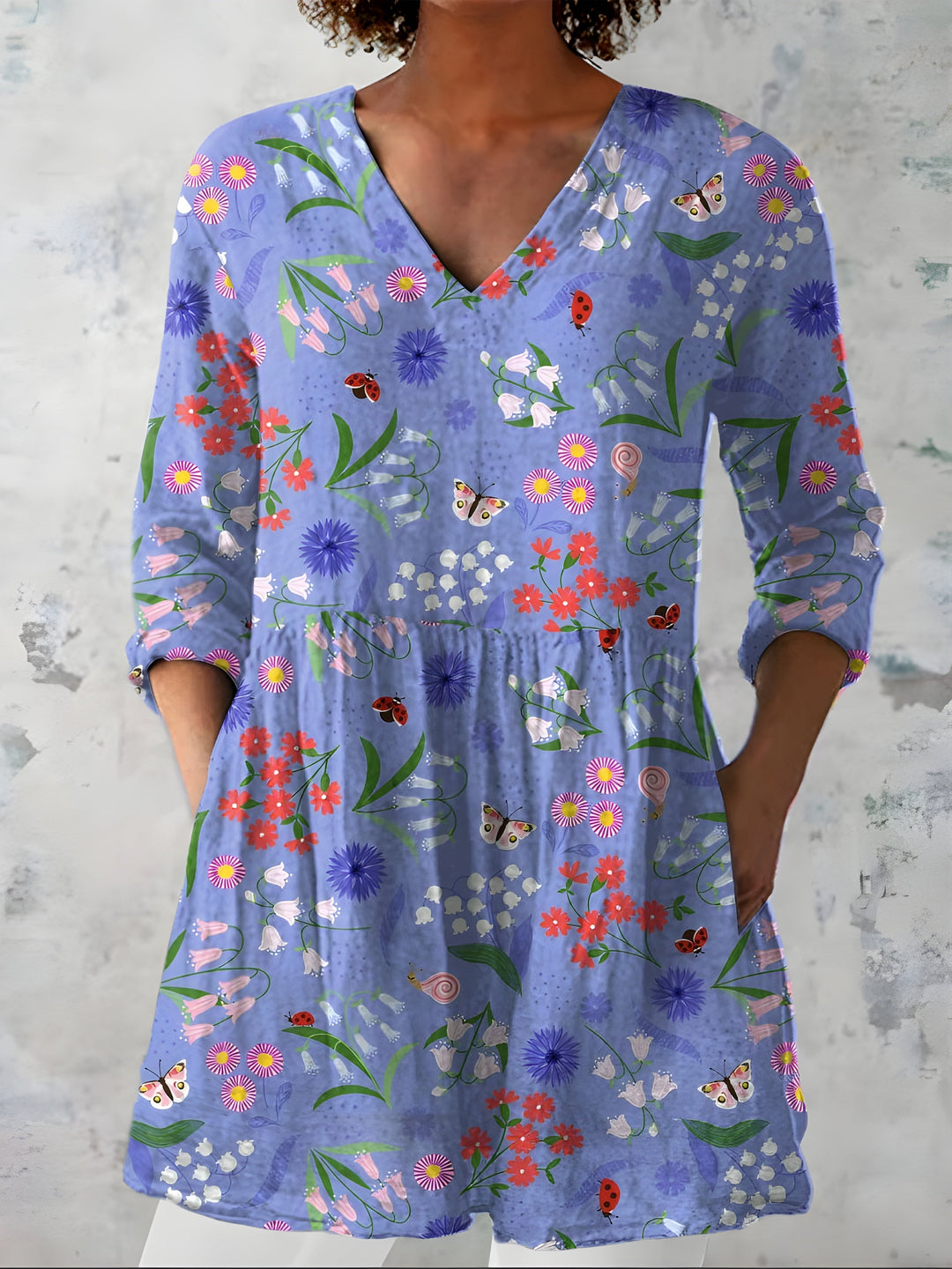 Azzurra | Blusa Lunga Blu Pervinca a Fiorellini e Farfalle