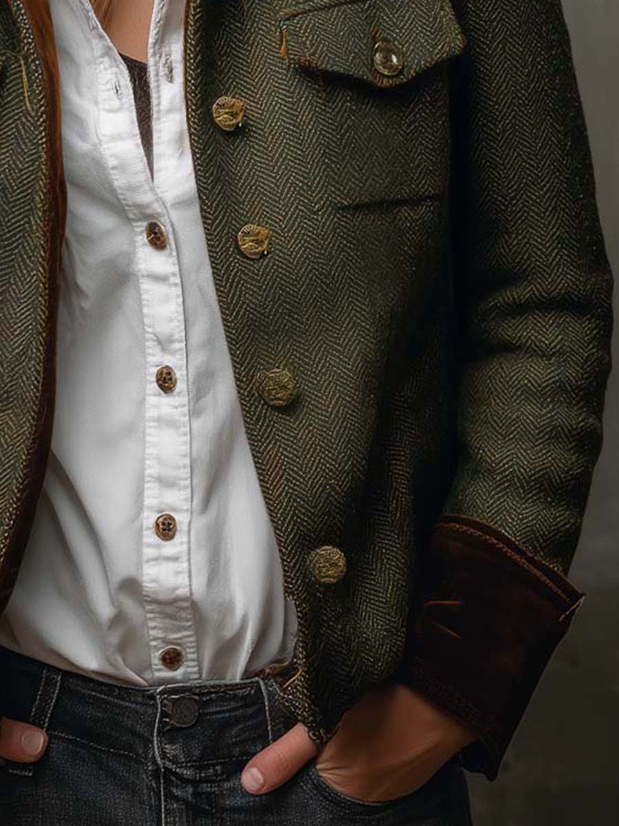 Honorine | Blazer vintage a spina di pesce con bordi a contrasto