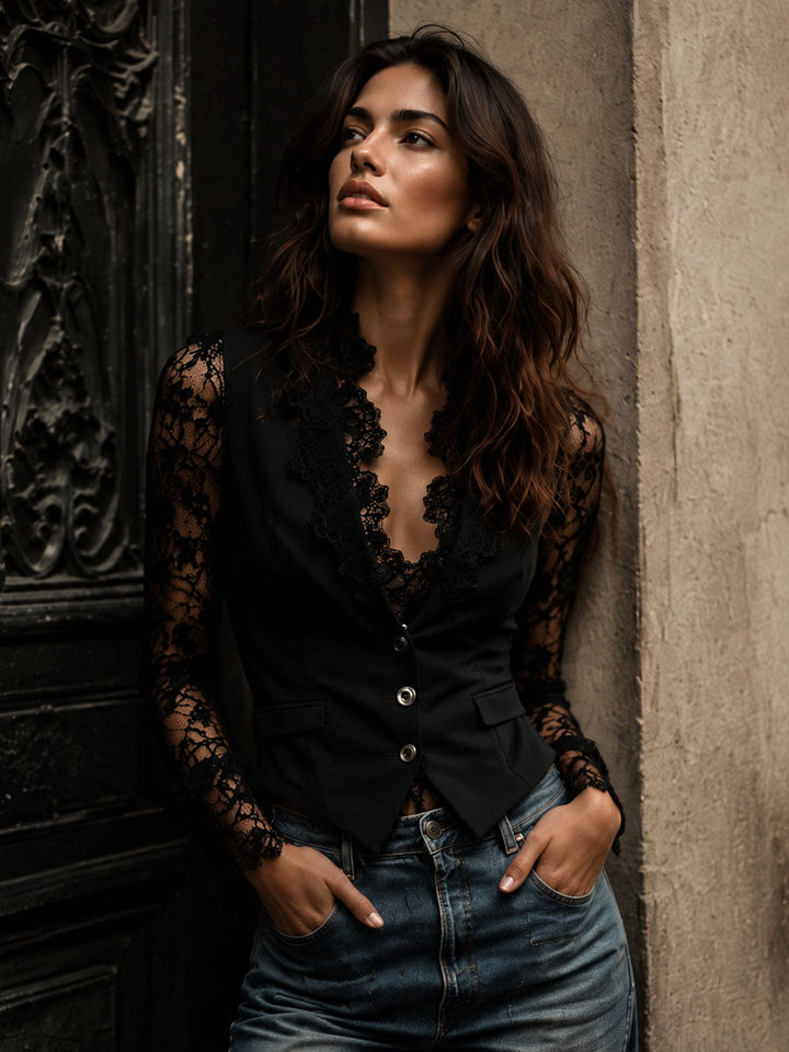 Vittoria | Blazer Nero con Maniche Semi-Trasparenti