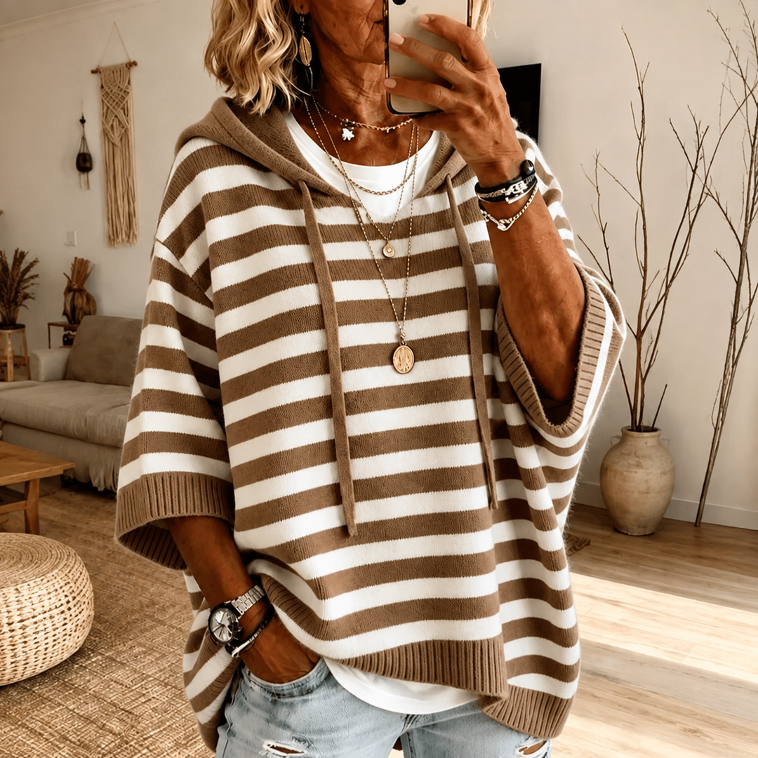 Mathilde – Maglione poncho chic a righe taupe