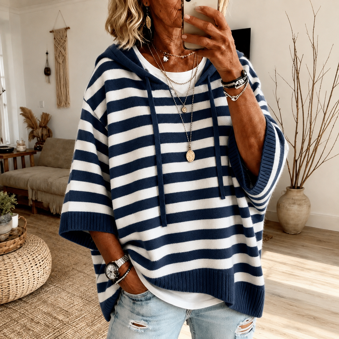 Marine – Maglione poncho chic a righe blu navy