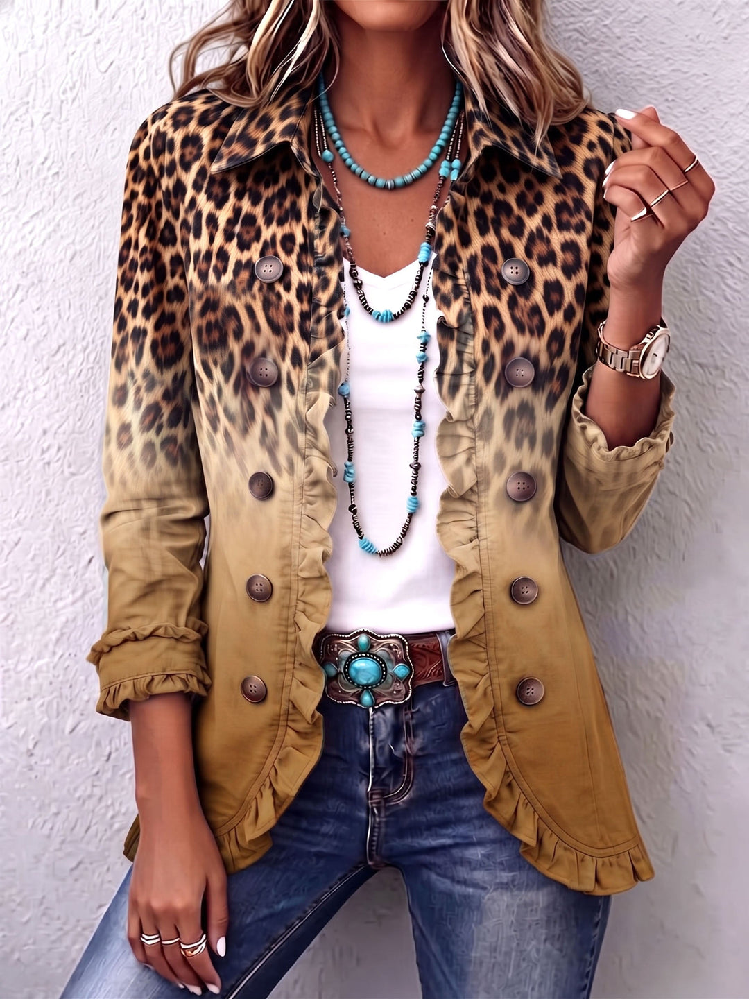 Paola | Blazer Leopardo Sfumato Ocra con Volant