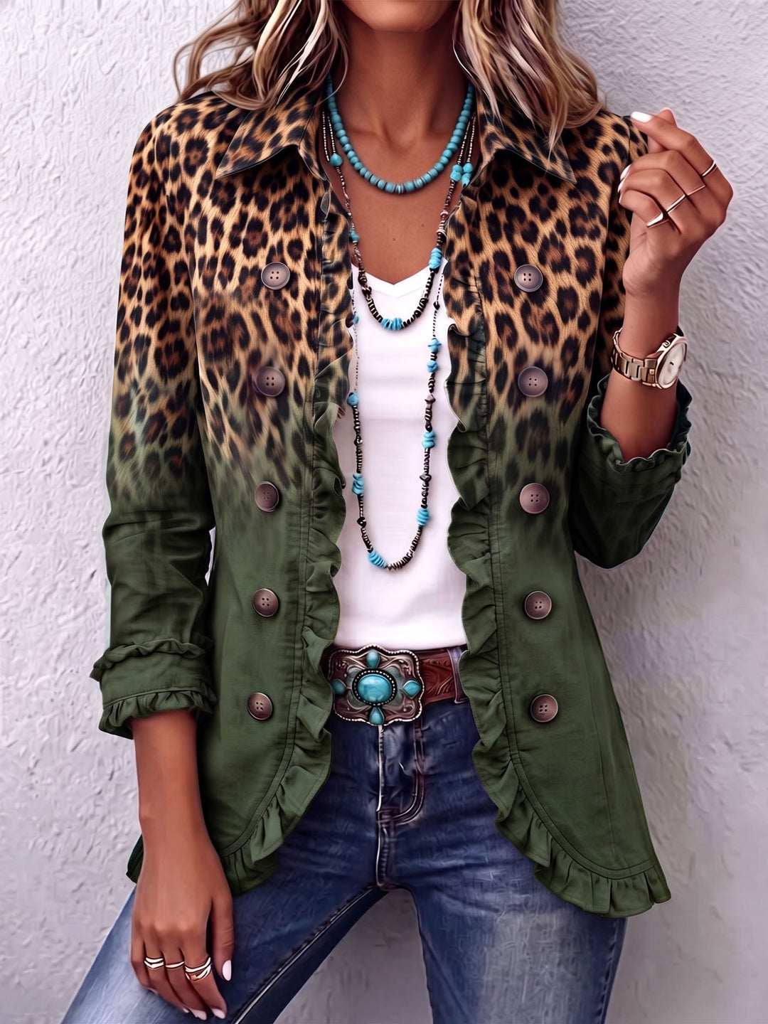 Ludovica | Blazer Leopardo Sfumato Verde Oliva con Volant