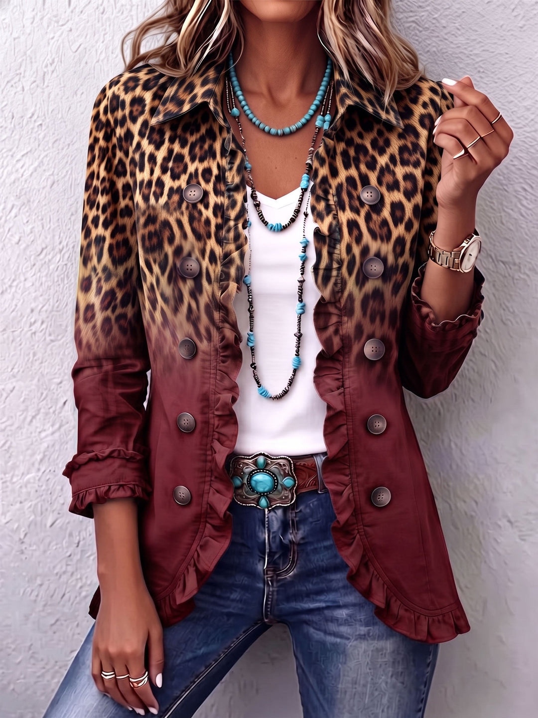 Livia | Blazer Leopardo Sfumato Vino con Volant
