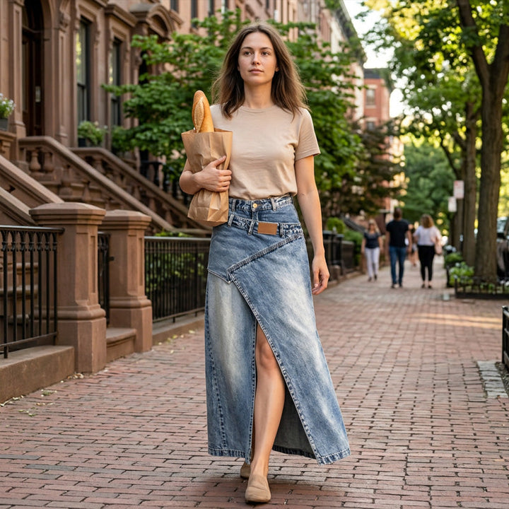Ancora oggi a prezzo promozionale – da domani a prezzo pieno! Gonna lunga in denim da donna con vita a più strati