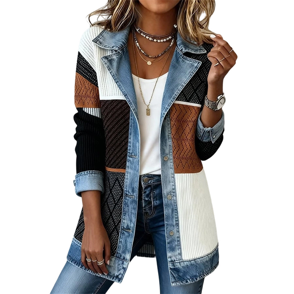Mosaico | Elegante giacca di jeans da donna con inserti in maglia a coste