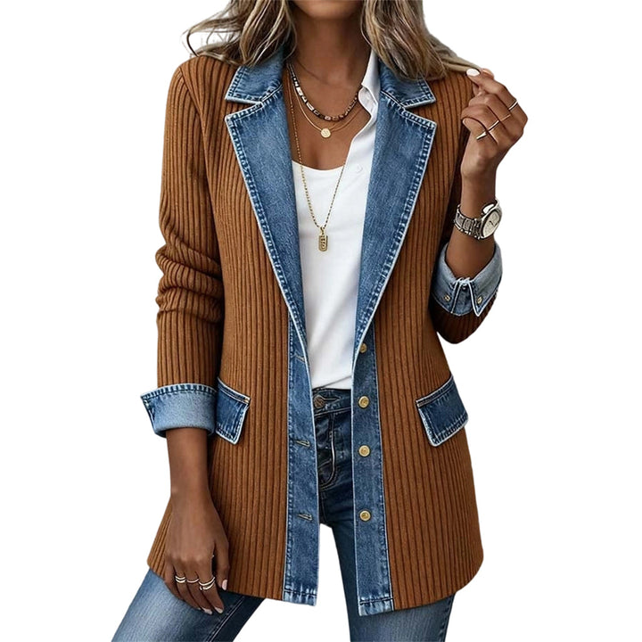 Mosaico | Elegante giacca di jeans da donna con inserti in maglia a coste