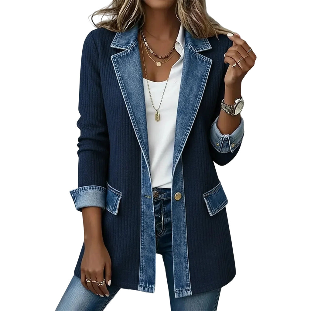 Mosaico | Elegante giacca di jeans da donna con inserti in maglia a coste