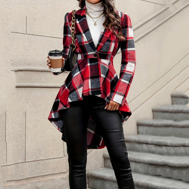 Stile Distintivo | Cappotto Donna a Quadri con Orlo Asimmetrico, Baschina e Vita Sagomata