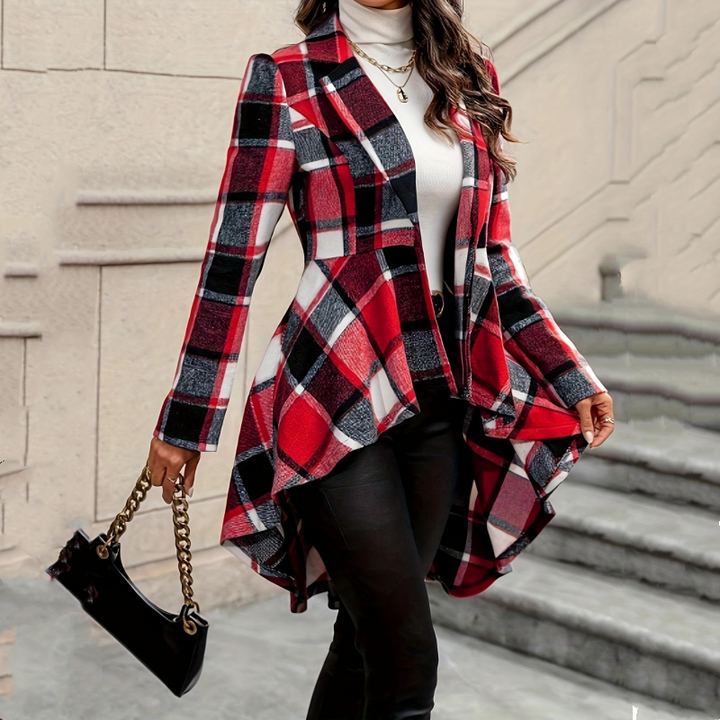 Stile Distintivo | Cappotto Donna a Quadri con Orlo Asimmetrico, Baschina e Vita Sagomata