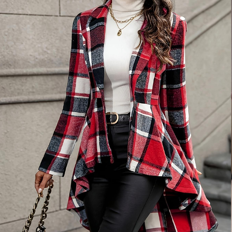 Stile Distintivo | Cappotto Donna a Quadri con Orlo Asimmetrico, Baschina e Vita Sagomata